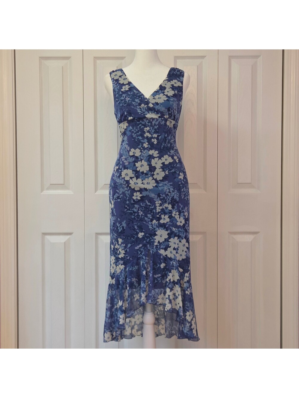 Vintage Y2K Blue & White Floral Babydoll Mermaid Dress City Triangles XS/S Retro